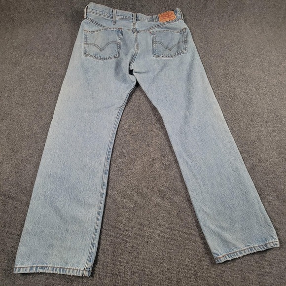 Levis 501 Jeans Mens 38x32 Light Wash Button Fly Straight Leg Denim Distressed - Picture 3 of 12